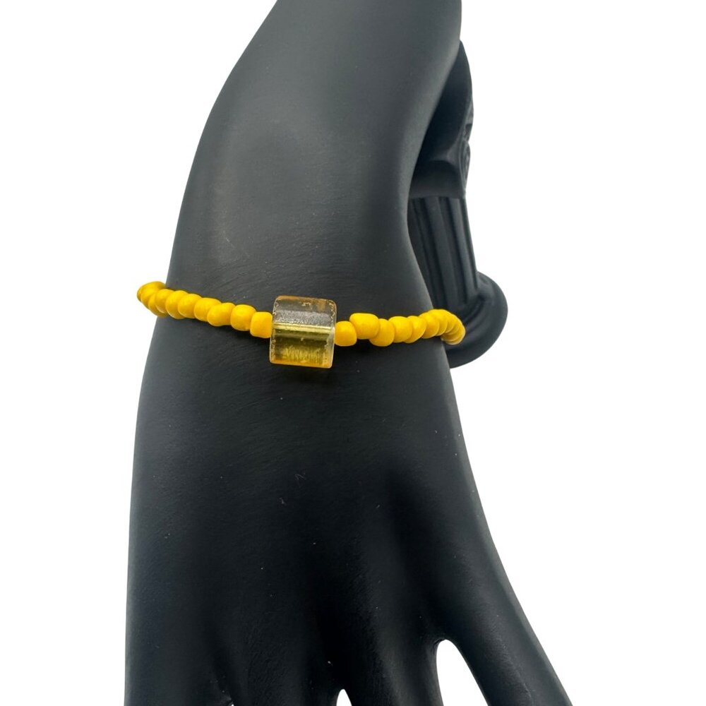 Yellow Beaded Stretch Bracelet With Tube Glass Accent